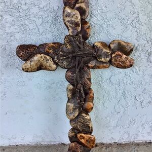 Rustic Stone and Driftwood  Cross Sculpture Art